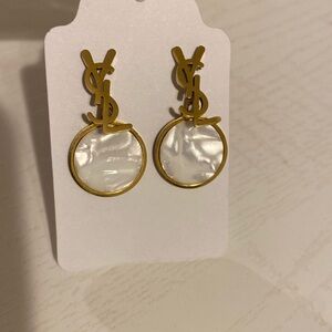 YSL Gold and White Logo Earrings
